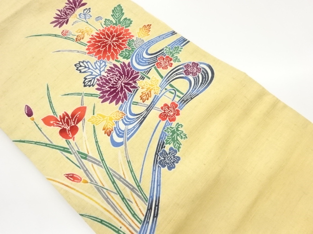 JAPANESE NAGOYA OBI / TSUMUGI / KATAZOME / FLORAL PLANTS
